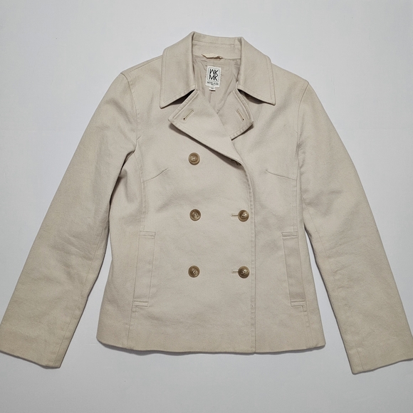 Michel Klein Paris Double Breasted Wool Blend Peacoat Coat Medium Beige - Picture 2 of 11